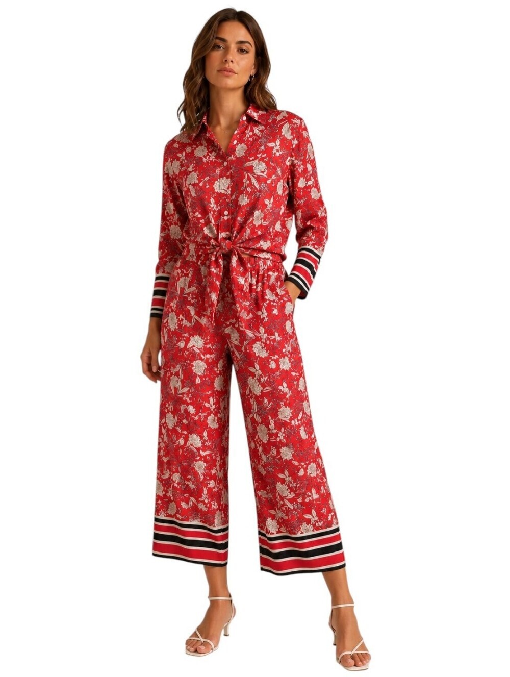 Massimo Dutti Floral Co-Ord Set Tie Front Blouse & Wide Leg Crop Pants Women's 4